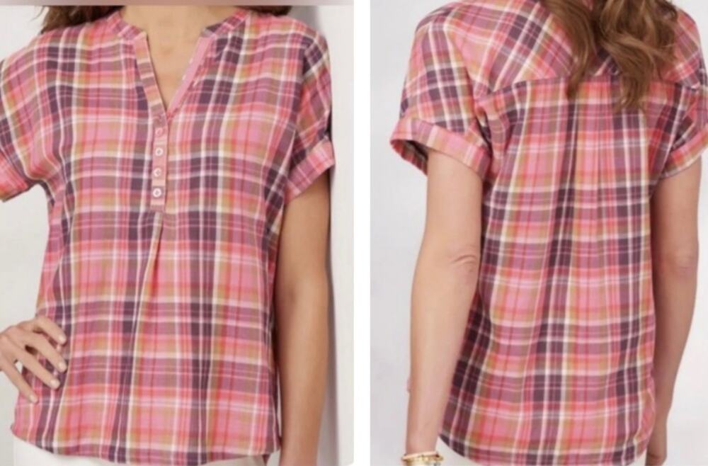 Soft Surroundings Pink Plaid Short Sleeve Boxy Popover Top 100% Cotton